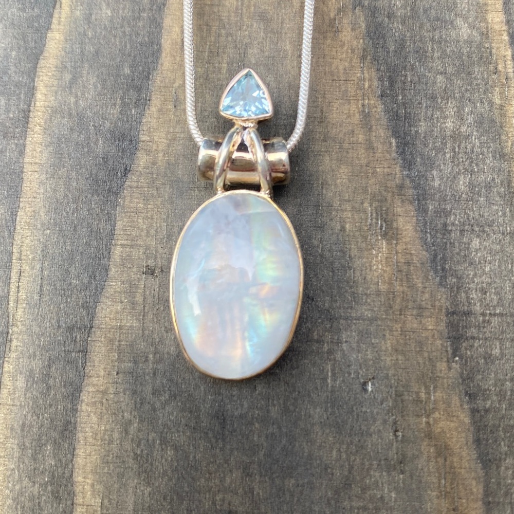 Rainbow Moonstone + Blue Topaz 925 Silver Pendant